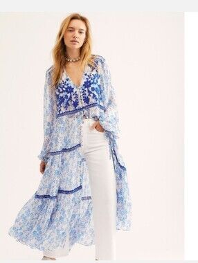 Call On me Embroidered Maxi Top Rare Blue